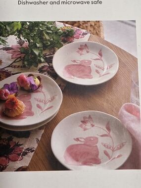 4pc 6" Stoneware Aralia Appetizer Plates Hand Painted Pink Bunny Threshold